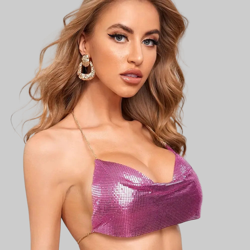 Metallic Glitter Halter Crop Top - Backless Corset Tank