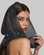 Rhinestone Mesh Hood - Sheer Fishnet Performance Headpiece