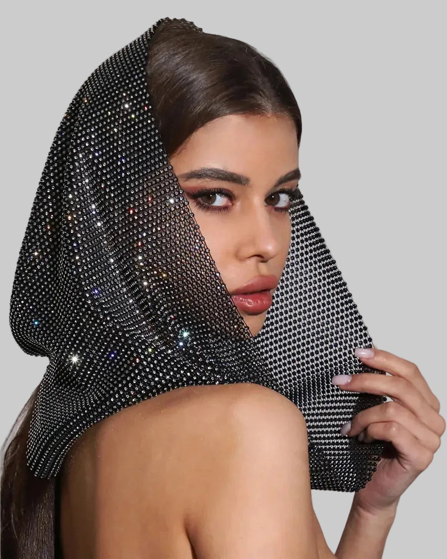 Rhinestone Mesh Hood - Sheer Fishnet Performance Headpiece