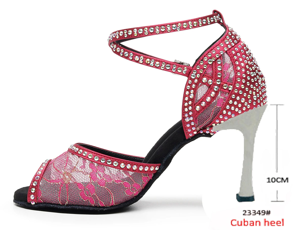Rhinestone Lace Mesh Latin Dance Heels | Red & Green | 6–10cm