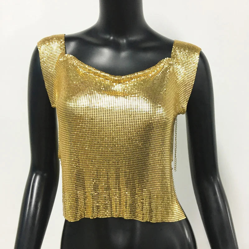 Sequin Backless Crop Top - Diamond Metal Party Tank