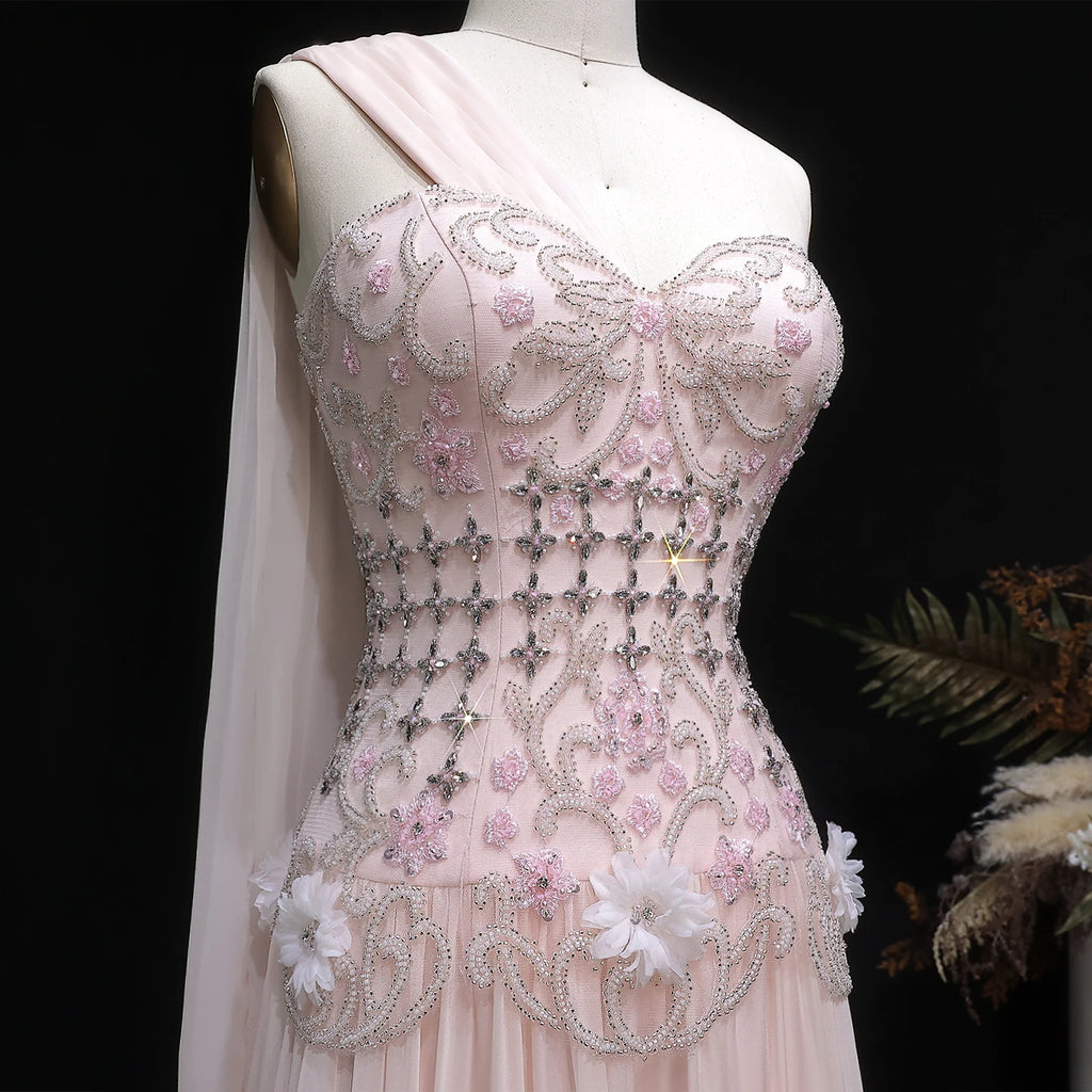 3D Floral One-Shoulder A-Line Pageant Gown | Crystal Beaded | White & Blush Pink