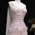 3D Floral One-Shoulder A-Line Pageant Gown | Crystal Beaded | White & Blush Pink