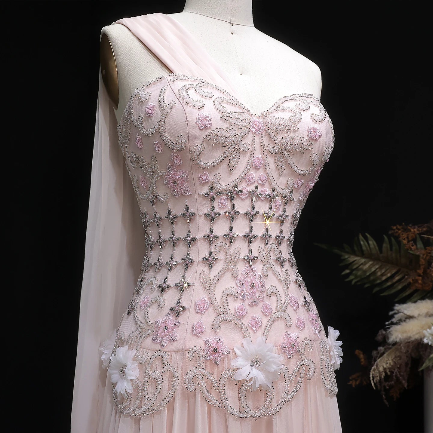 3D Floral One-Shoulder A-Line Pageant Gown | Crystal Beaded | White & Blush Pink