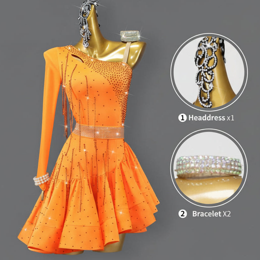 Orange Rhinestone Latin Dance Dress with Sash Details