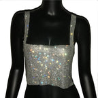 Rhinestone Backless Crop Top - Sparkly Sequin Camisole Tank