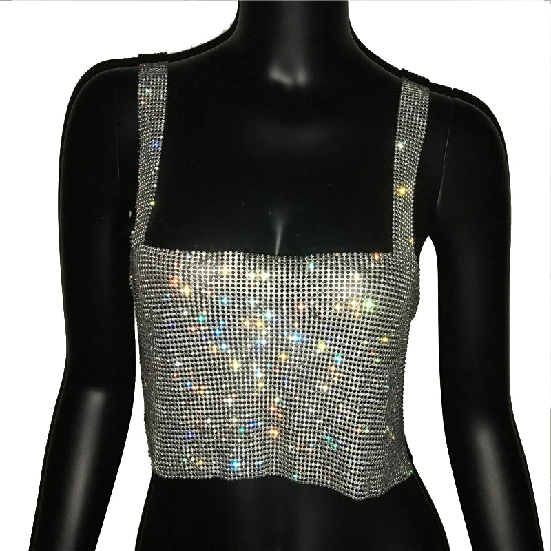 Rhinestone Backless Crop Top - Sparkly Sequin Camisole Tank