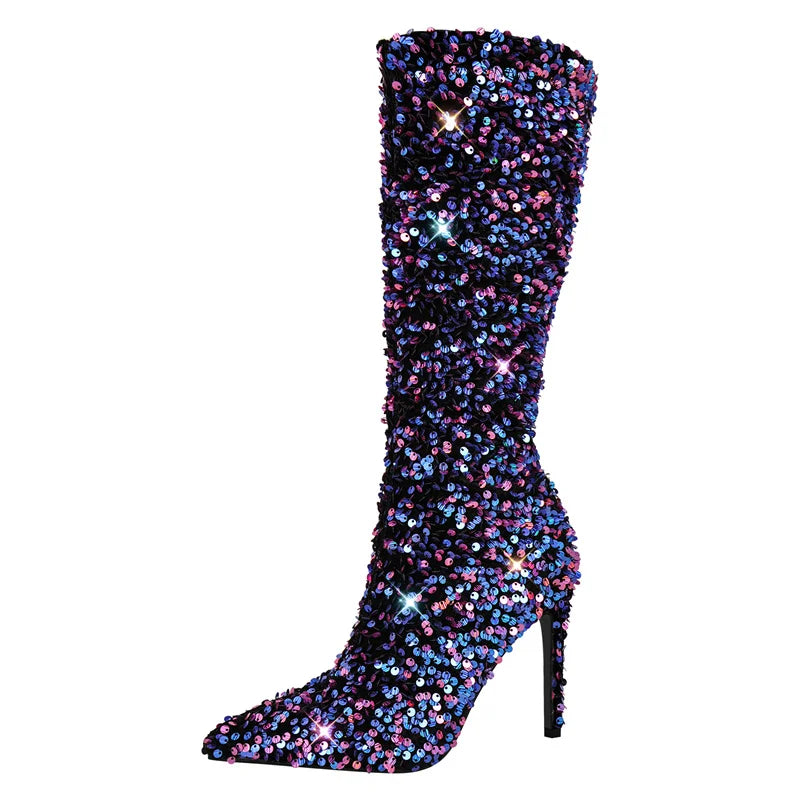Sequin Stiletto Mid-Calf Boots