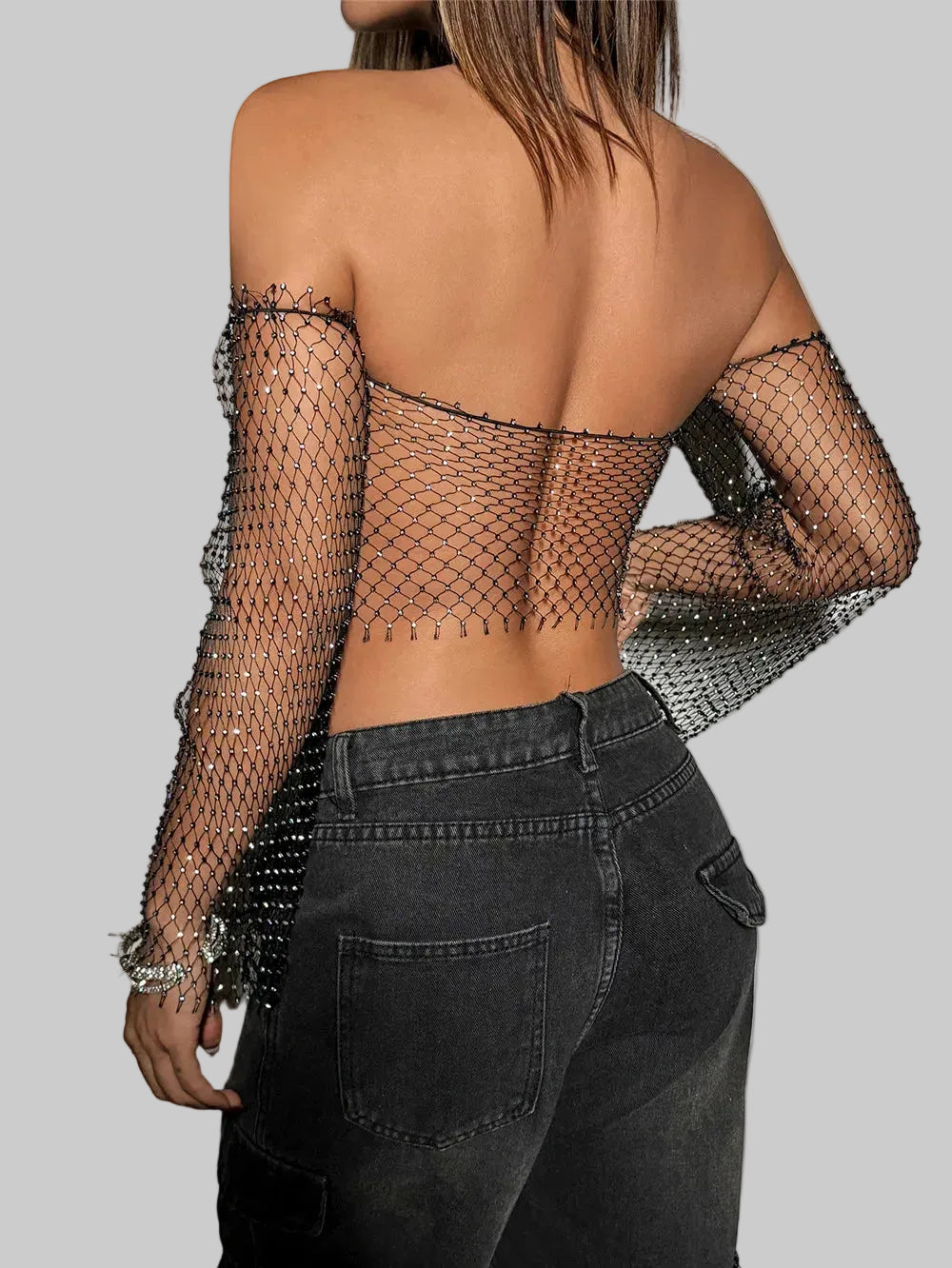 Rhinestone Mesh Crop Top with Sleeves - Sheer Corset Style Tank