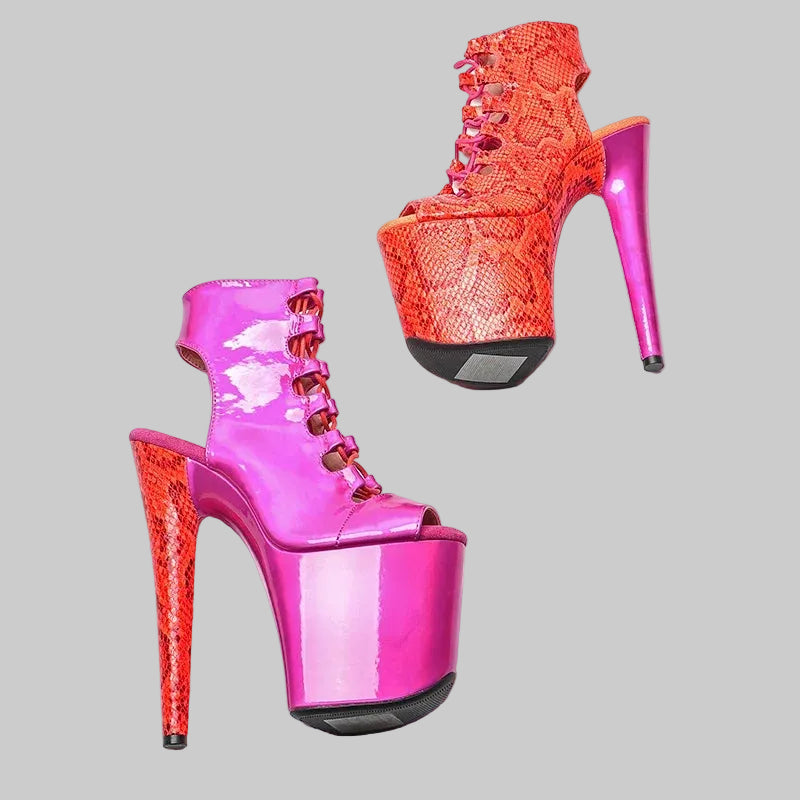 Snakeskin Platform Boots - 8-Inch Open Toe Ankle Boots for Pole Dance & Performance