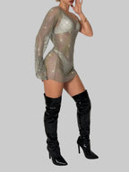 Rhinestone Fishnet Mini Dress - One Shoulder Mesh Cover Up
