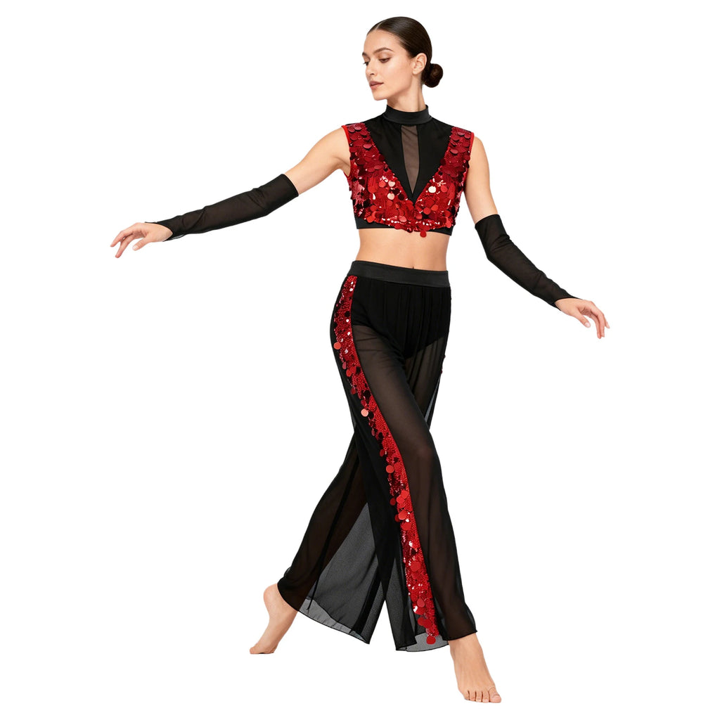 Sequin Crop Top, Mesh Pants & Gloves Set | Sleeveless Backless | Lyrical Stage Performance