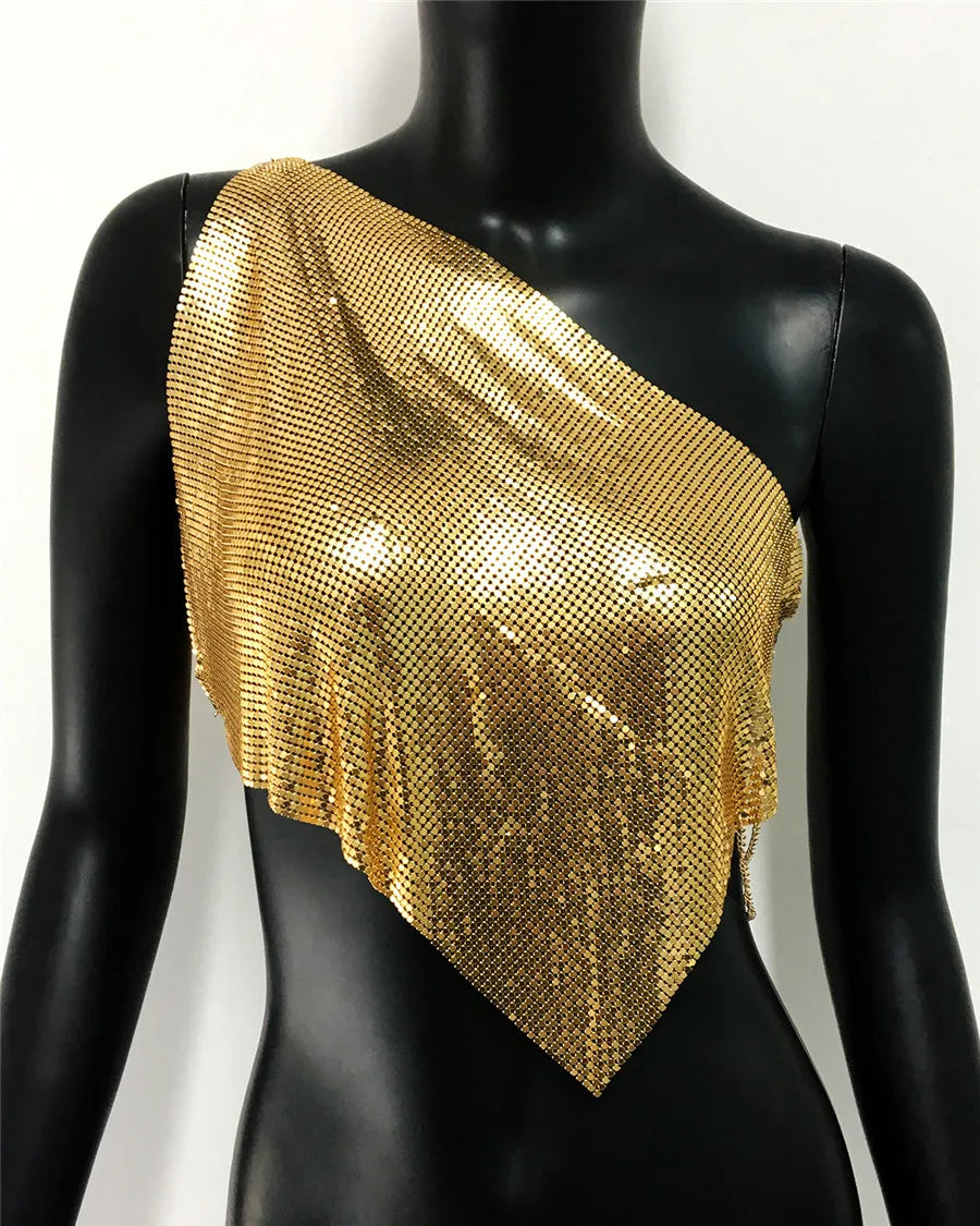 Metallic Sequin Off-Shoulder Crop Top - Backless Diagonal Collar Tank