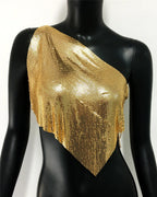 Metallic Sequin Off-Shoulder Crop Top - Backless Diagonal Collar Tank