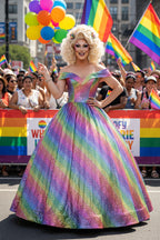 Rainbow Sequin Ball Gown | Off-Shoulder | Floor-Length