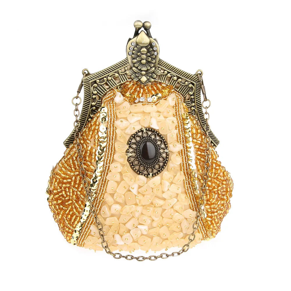 Retro Pearl & Sequin Beaded Clutch | Antique Gold Frame Bag