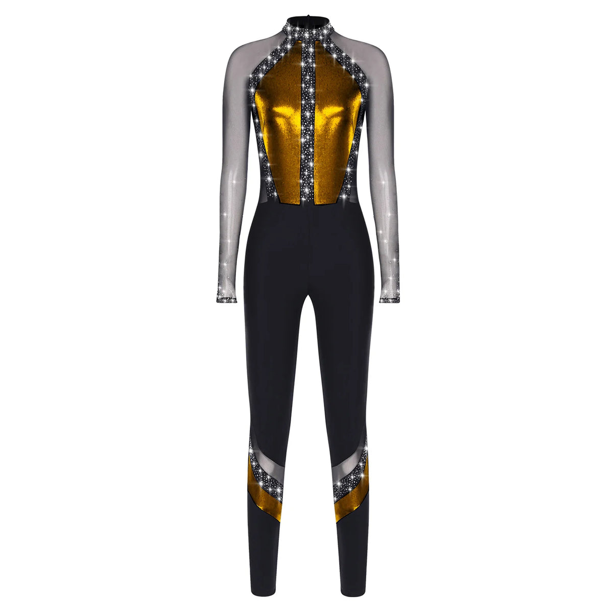 Women's Rhinestone Color-Block Dance Jumpsuit | Sheer Mesh Long Sleeve & Ankle Length | Gymnastics & Performance