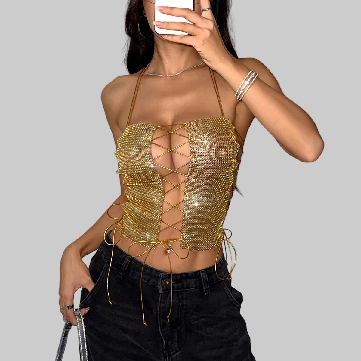 Sequin Halter Crop Top - Backless Metal Bandage Camisole