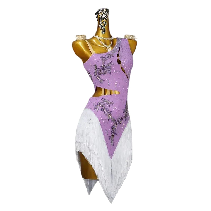 Purple Rhinestone Latin Dance Dress with Tassel & Applique Details