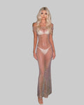 Rhinestone Mesh Maxi Dress - Off Shoulder See-Through Gown