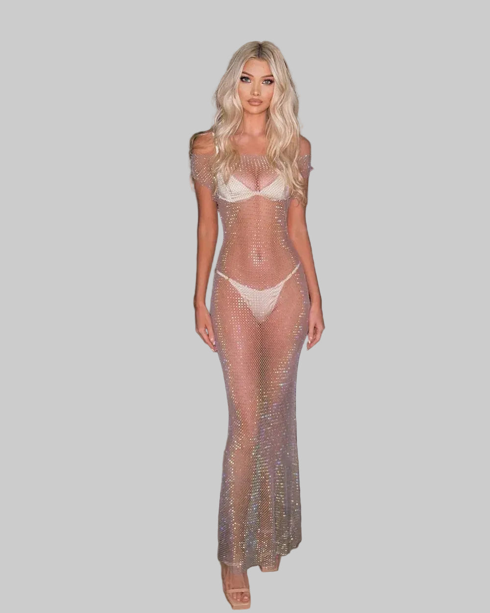 Rhinestone Mesh Maxi Dress - Off Shoulder See-Through Gown