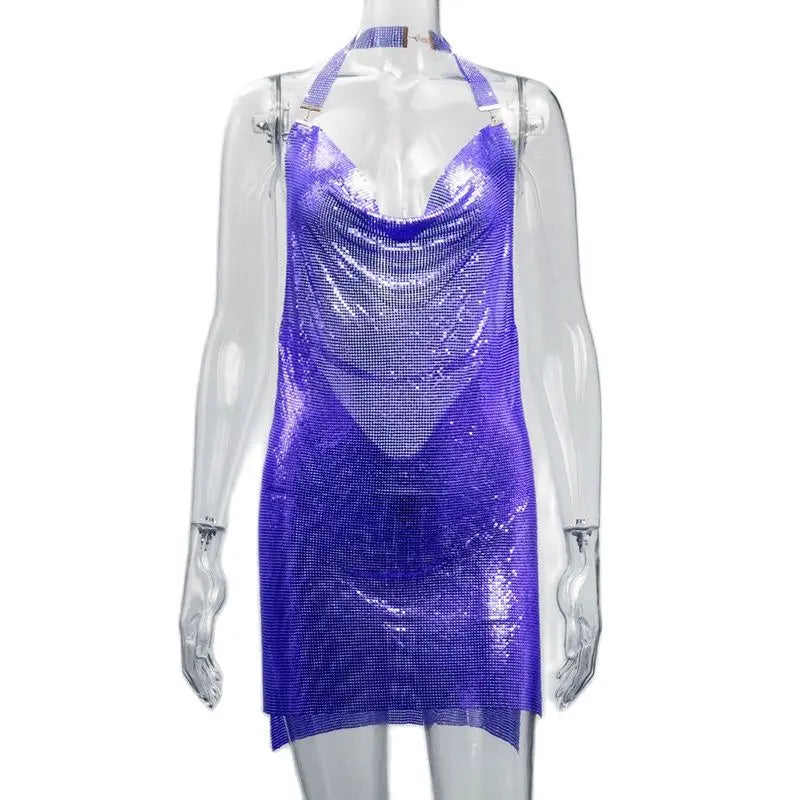 Sequin Halter Mini Dress - Backless with Side Split