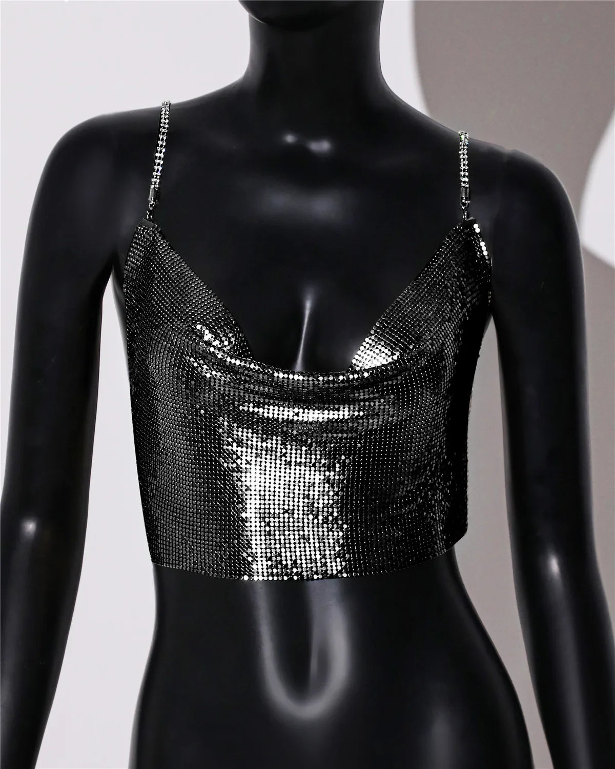 Metal Sequin Rhinestone Chain Crop Top - Deep V Backless Tank