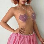 Rhinestone Heart Halter Bikini Top - Sparkly Sequin Festival Bra
