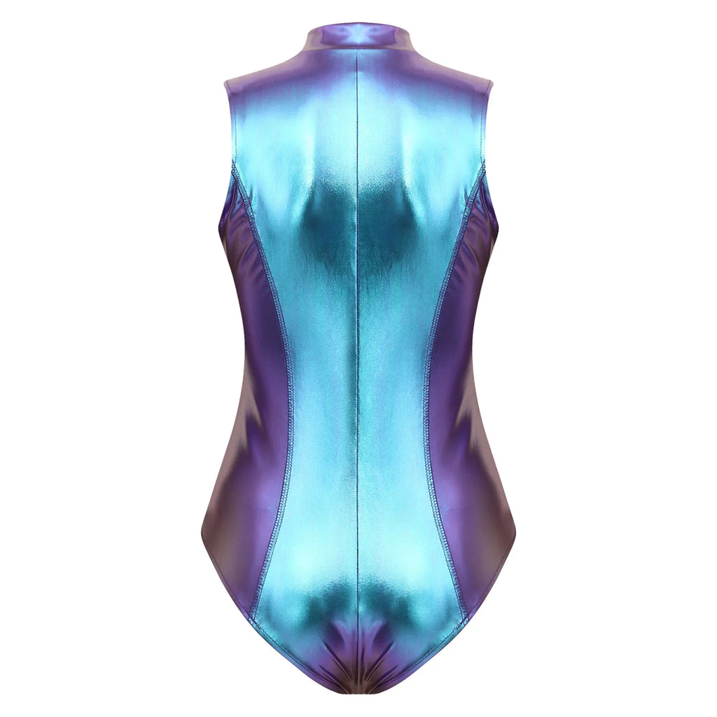 Metallic Bodysuit | Mock Neck Zip