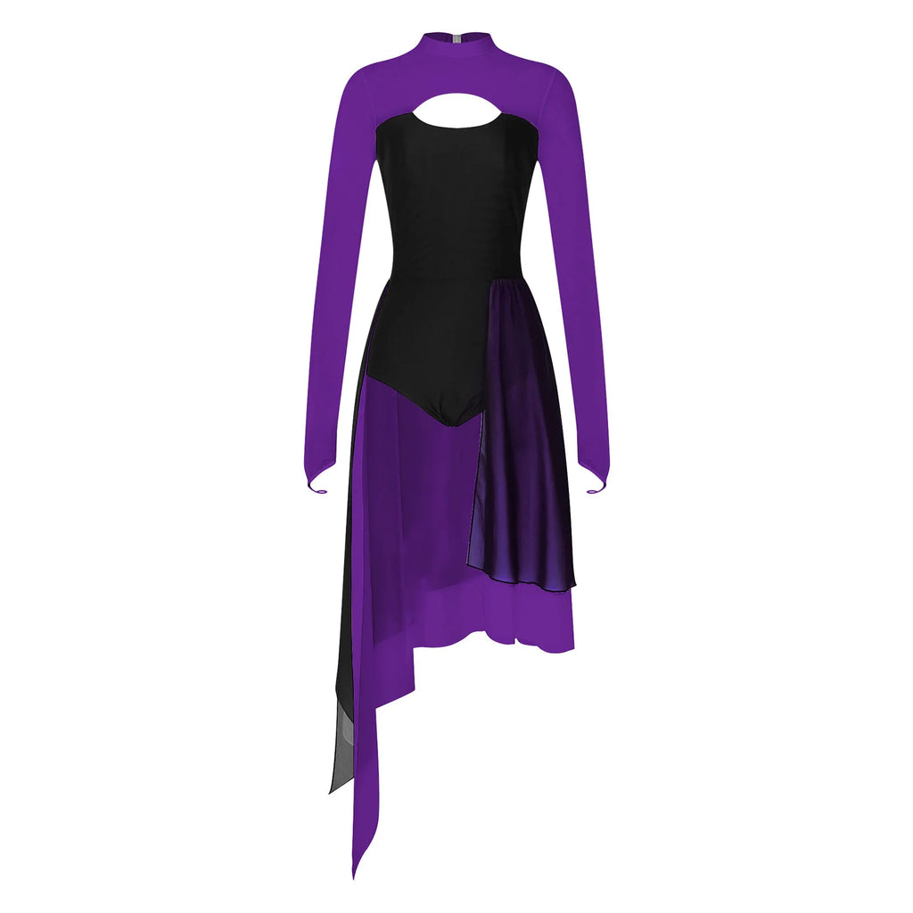 Lyrical Dance Dress | Cutout Back & Mesh Sleeves | Irregular Hem