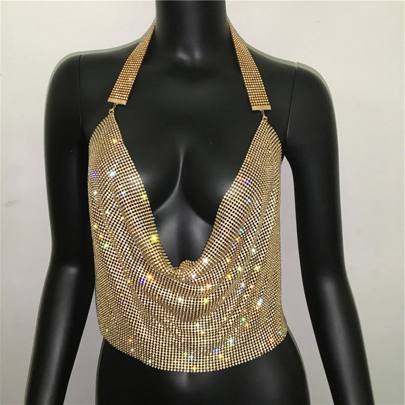 Rhinestone Sequin Deep V Halter Crop Top - Backless Diamond Tank
