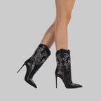 Denim Western Cowboy Boots - Embroidered Stiletto Heel Ankle Boots