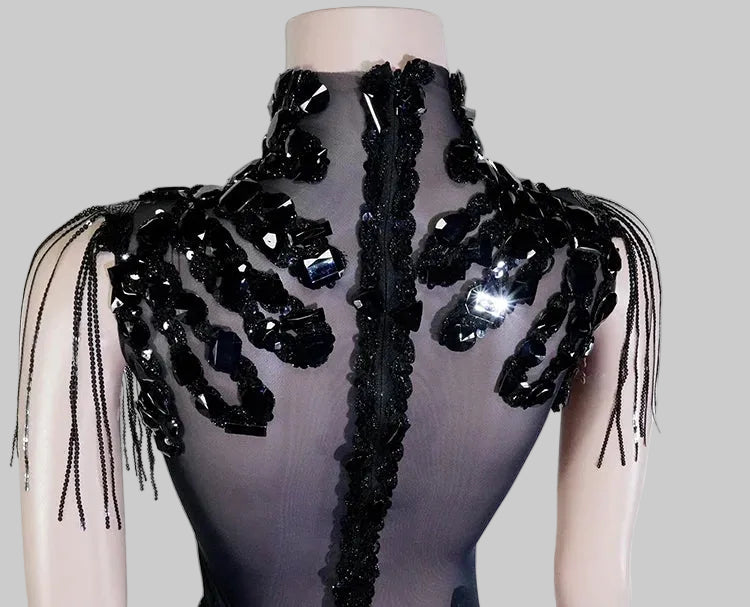 Sexy Mesh Sheer Black Rhinestone Bodysuit