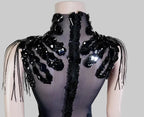 Sexy Mesh Sheer Black Rhinestone Bodysuit