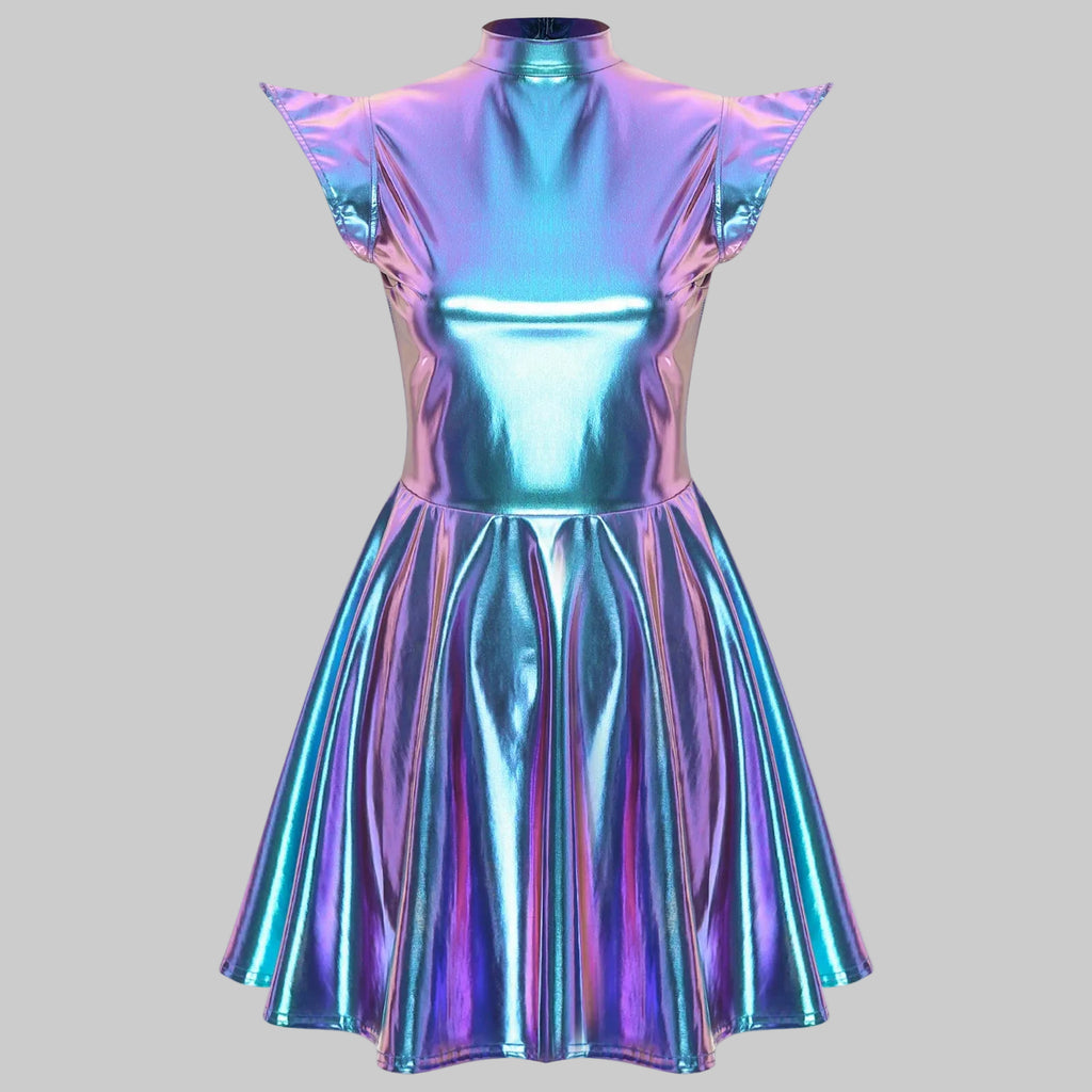 Holographic A-Line Performance Dress - Futuristic Stage Costume