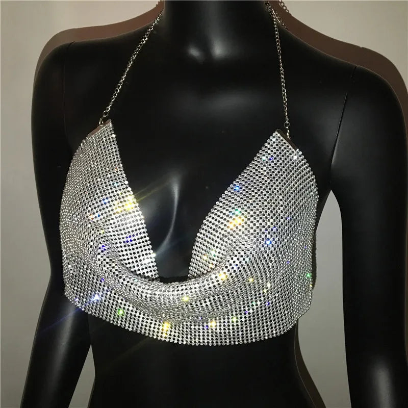 Shiny Rhinestone Deep V-Neck Crop Top - Backless Party Camisole
