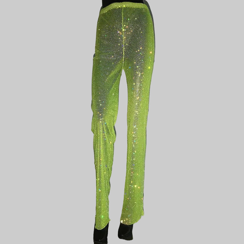 Rhinestone Fishnet Pants - Sheer Crystal Party Trousers