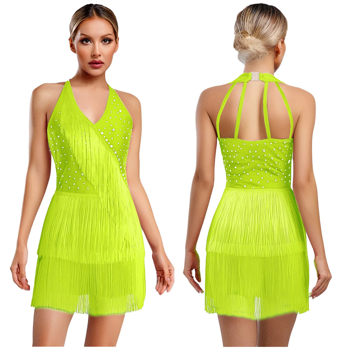 Rhinestone Fringe Dress | Halter Neck | Latin Dance