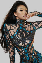 Rhinestone Mesh Bodysuit - Sparkly Crystal Leotard for Showgirls & Dancers