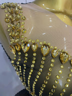 Gold Rhinestone Mesh Mini Dress | Fringe Skirt | Stage & Club