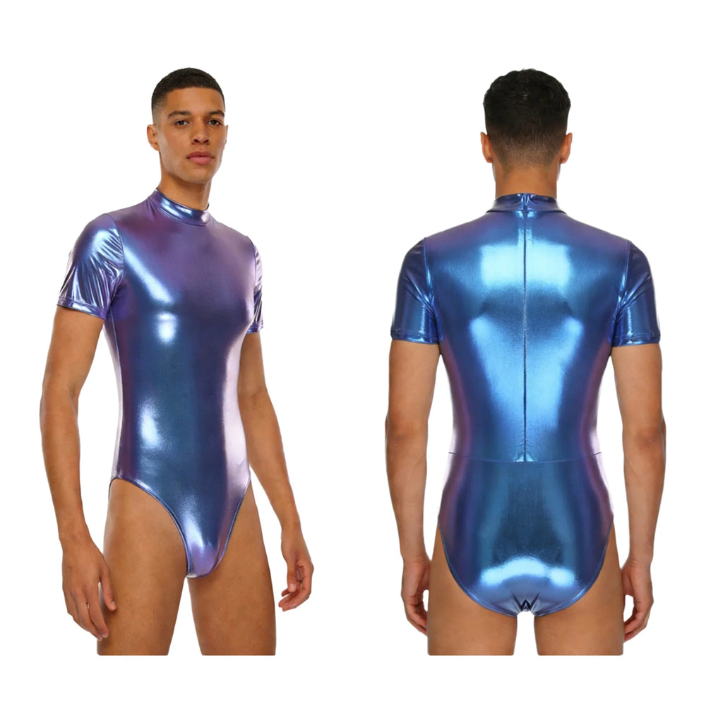 Men's Metallic Dance Bodysuit | Short Sleeve Mock Neck | Back Zipper | Stage Performance