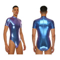 Men's Metallic Dance Bodysuit | Short Sleeve Mock Neck | Back Zipper | Stage Performance