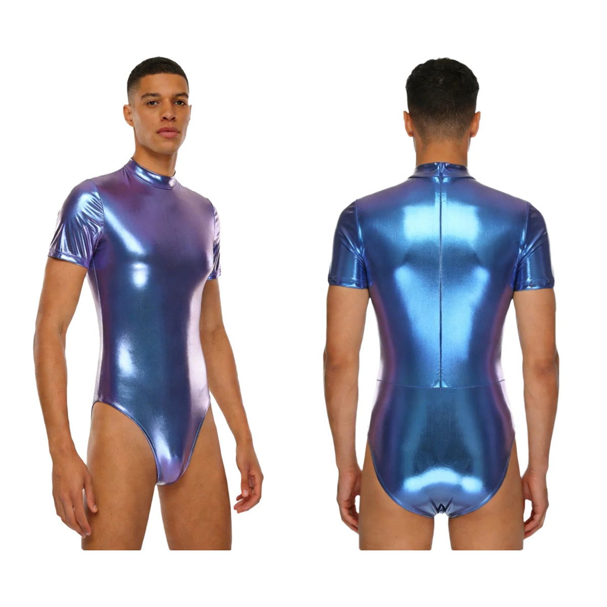 Men's Metallic Dance Bodysuit | Short Sleeve Mock Neck | Back Zipper | Stage Performance