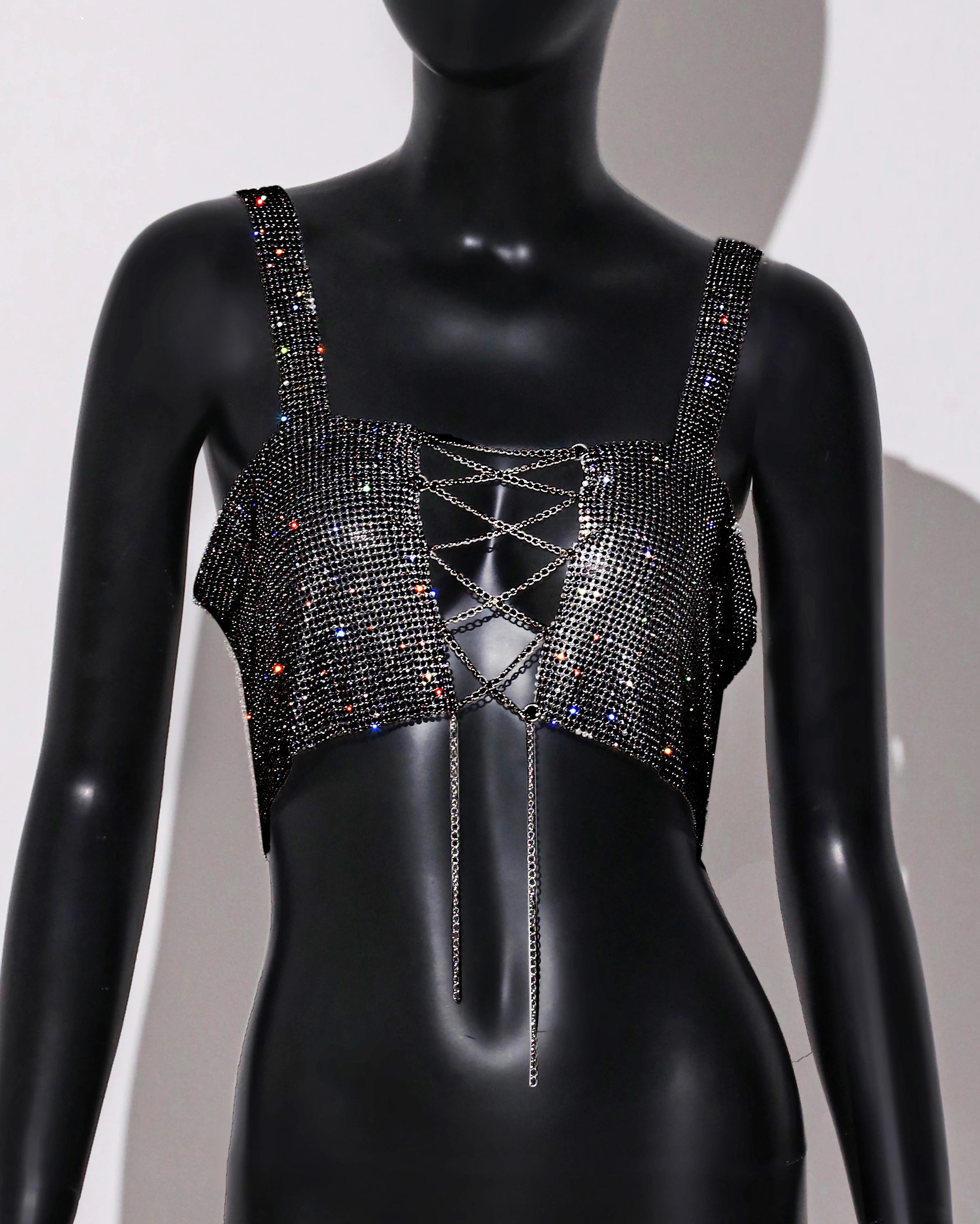 Rhinestone Metal Chain Crop Top - Backless V-Neck Camisole