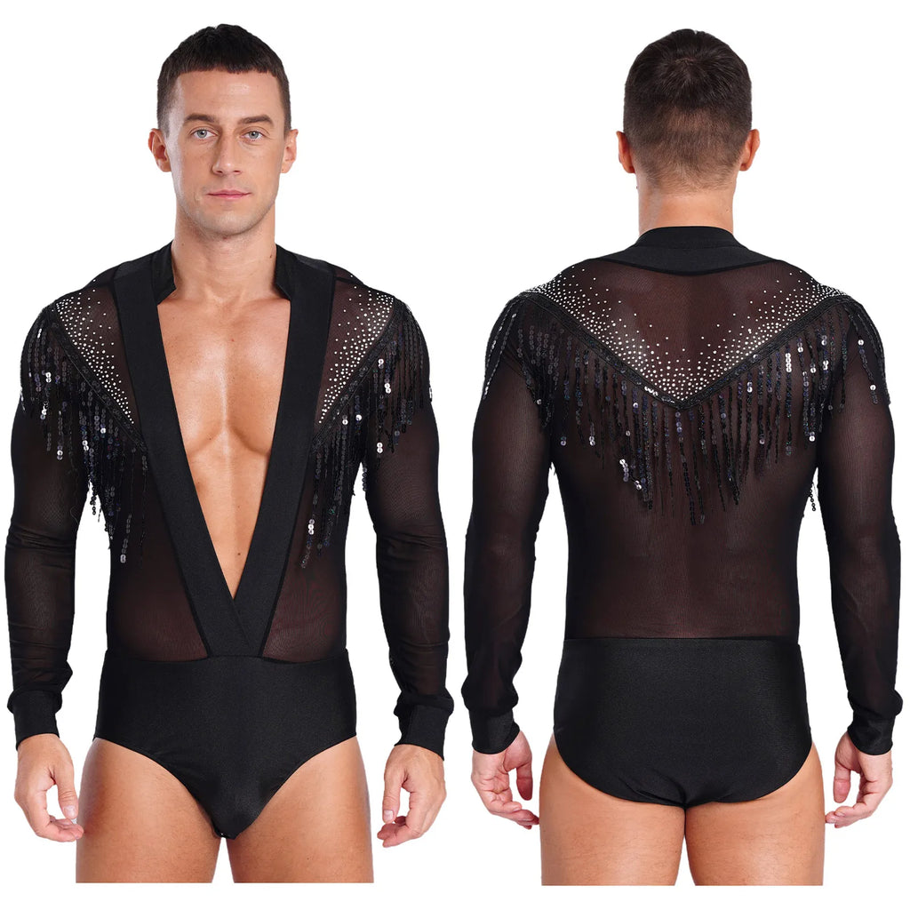 Men's Latin Dance Leotard | Deep Plunge V-Neck & Sheer Mesh Back | Tassel Detail