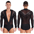 Men's Latin Dance Leotard | Deep Plunge V-Neck & Sheer Mesh Back | Tassel Detail