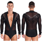 Men's Latin Dance Leotard | Deep Plunge V-Neck & Sheer Mesh Back | Tassel Detail
