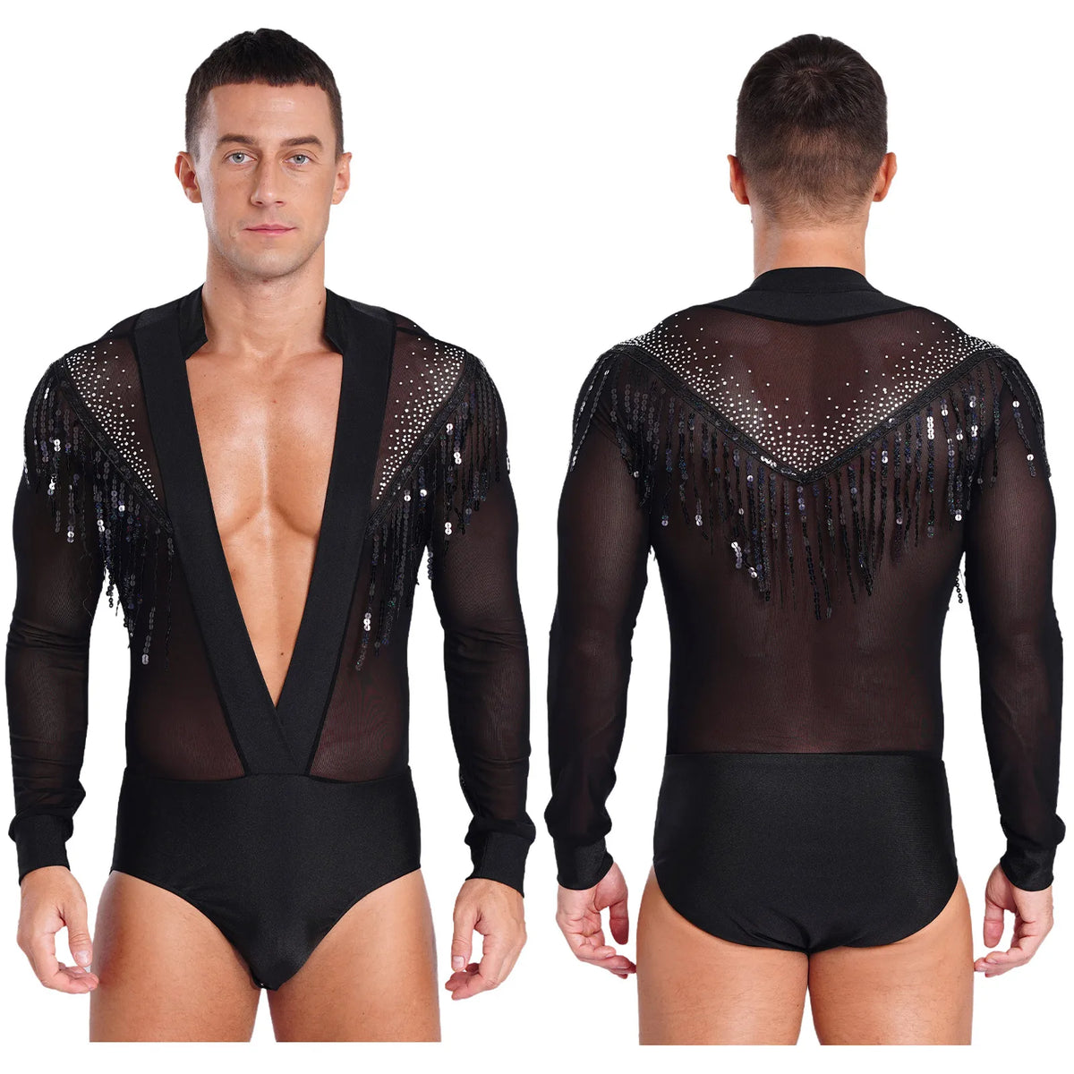Men's Latin Dance Leotard | Deep Plunge V-Neck & Sheer Mesh Back | Tassel Detail