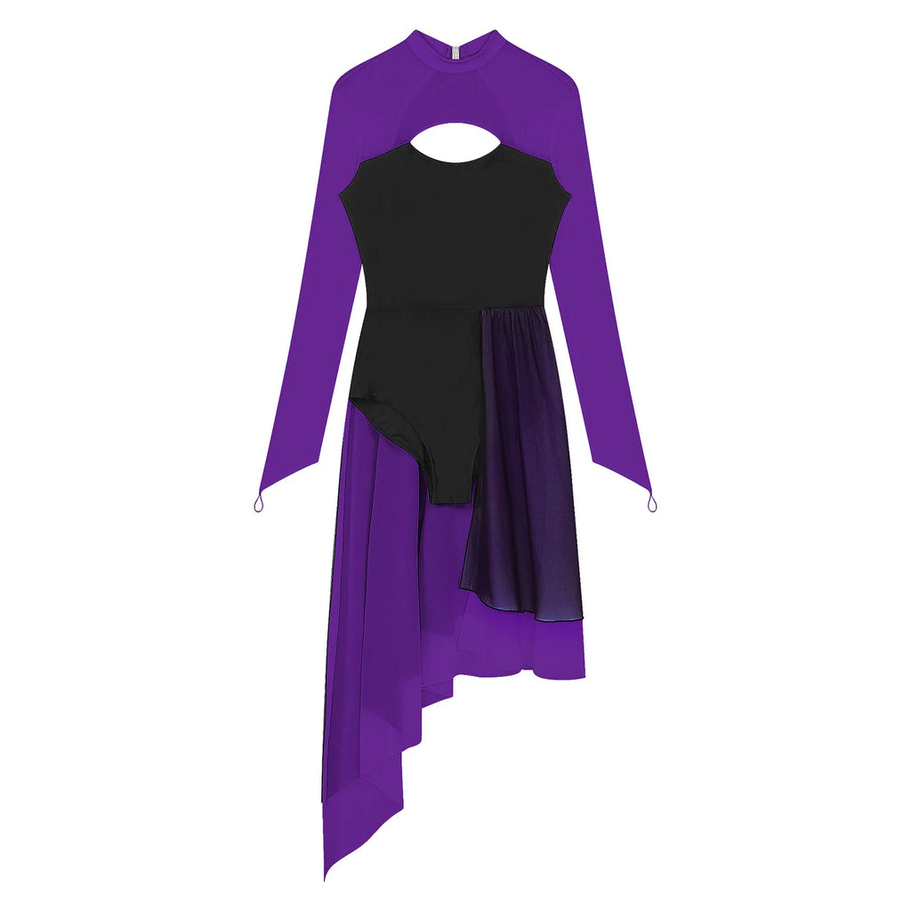 Lyrical Dance Dress | Cutout Back & Mesh Sleeves | Irregular Hem
