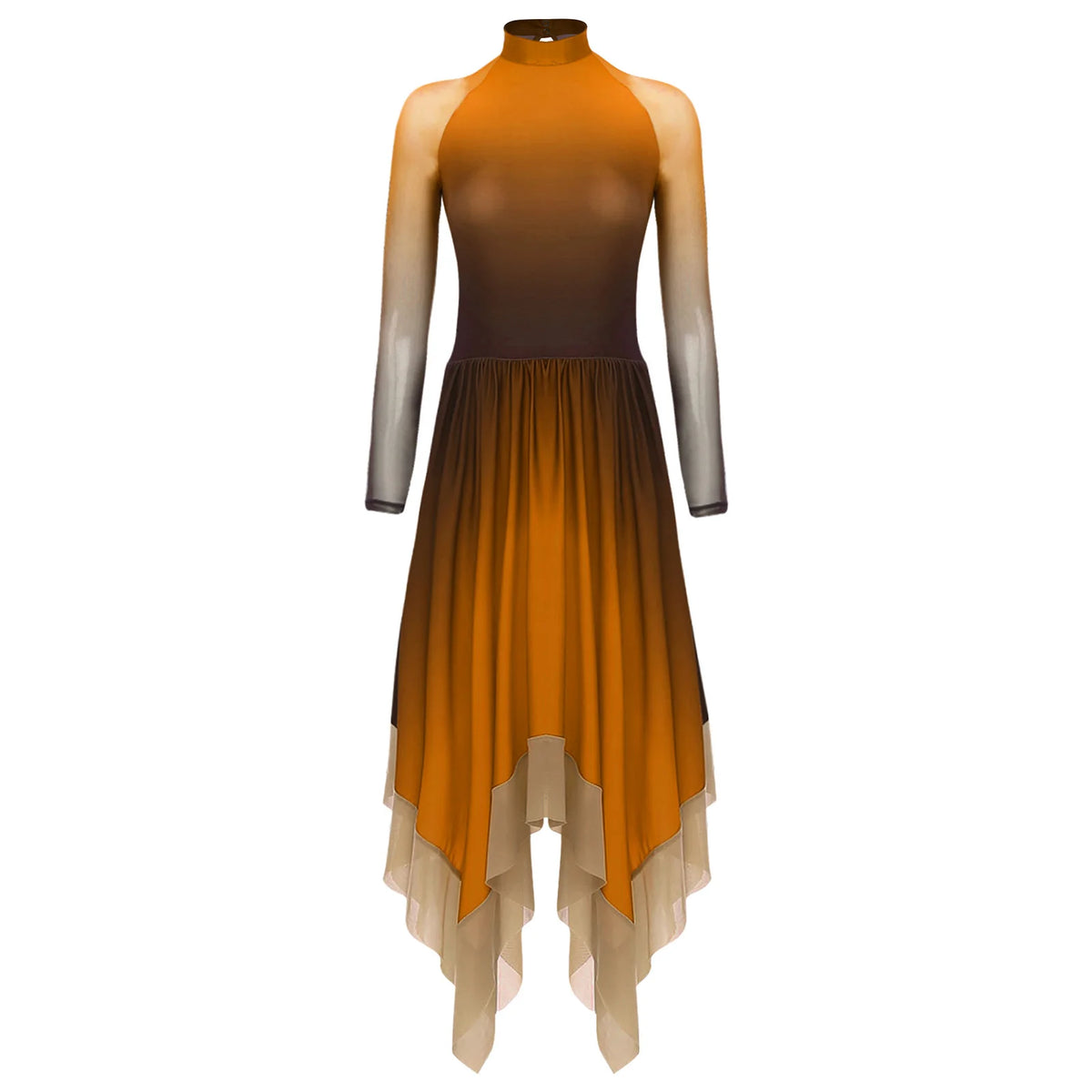 Gradient Lyrical Dance Dress | Mesh Long Sleeve | Keyhole Back | Irregular Hem